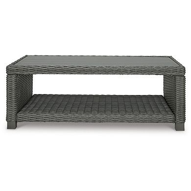 Ellie 50 Inch Outdoor Coffee Table, Lower Shelf, Gray Resin Wicker, Metal