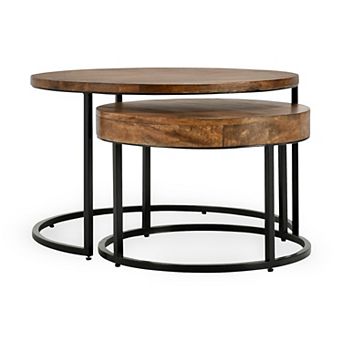 Nesting Coffee Table Set Of 2, Natural Brown Wood, Black Iron Frame