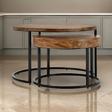 Nesting Coffee Table Set Of 2, Natural Brown Wood, Black Iron Frame
