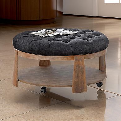 Gus 41 Inch Ottoman Coffee Table, Button Tufted Gray Fabric, Brown Wood
