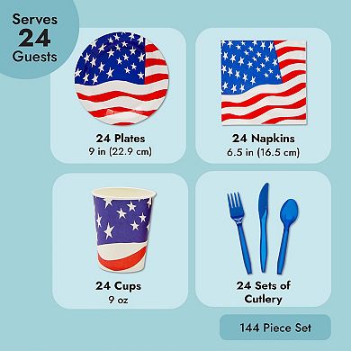 144pcs Patriotic Party Supplies American Flag Tableware 4th Of July Memorial Day