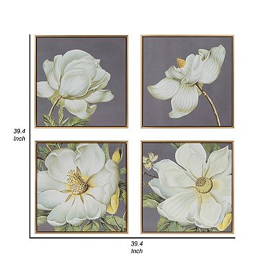 Nia 20 X 20 Flower Wall Art Set Of 4, White, Green Microfiber, Pine Wood