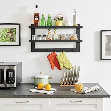 Two-tier Ledge Shelf Wall Organizer With Five Hanging Hooks