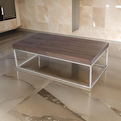 Zen 48 Inch Coffee Table, Rectangular, Chrome Base, Walnut Brown Wood Top