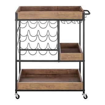 Rustic Walnut Veneer And Metal Rolling Farmhouse Wine Bar Cart With Wine Bottle And Glass Rack