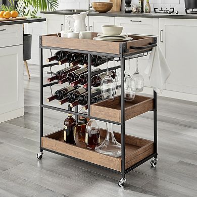 Rustic Walnut Veneer And Metal Rolling Farmhouse Wine Bar Cart With Wine Bottle And Glass Rack