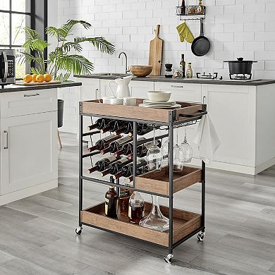 Rustic Walnut Veneer And Metal Rolling Farmhouse Wine Bar Cart With Wine Bottle And Glass Rack