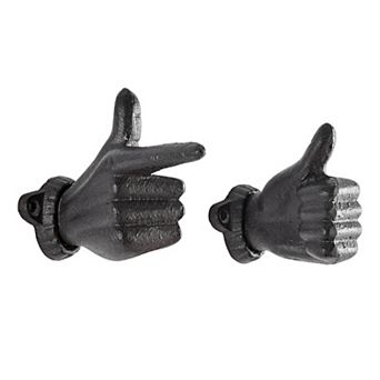 "thumbs Up & Pointing Finger" Dark Brown Cast Iron Wall Mount Hook Set (set Of 2)