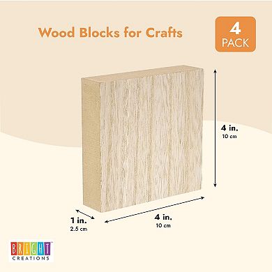 Unfinished Mdf Wood Blocks For Crafts, Wooden Square Blocks For Diy (4 Pack)