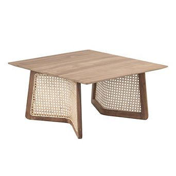 28 Inch Coffee Table, Square Top, Rattan Cane Base, Teak Wood, Brown