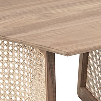 28 Inch Coffee Table, Square Top, Rattan Cane Base, Teak Wood, Brown