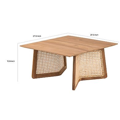 28 Inch Coffee Table, Square Top, Rattan Cane Base, Teak Wood, Brown