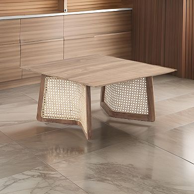 28 Inch Coffee Table, Square Top, Rattan Cane Base, Teak Wood, Brown