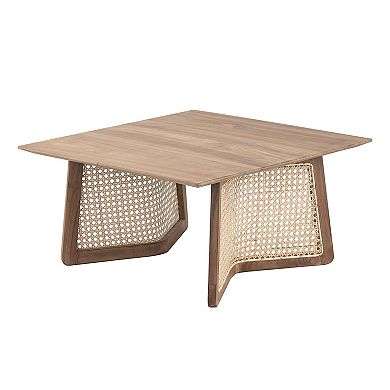 28 Inch Coffee Table, Square Top, Rattan Cane Base, Teak Wood, Brown