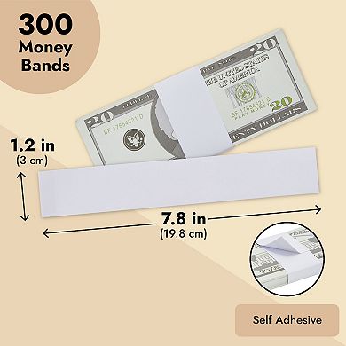 300-Pack Blank Money Bands for Cash, White Currency Straps Bill Wrappers 7.8x1.2