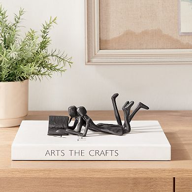 Brown Cast Iron Abstract Couple Reading Book Together Tabletop Figurine Sculpture For Desks Shelves