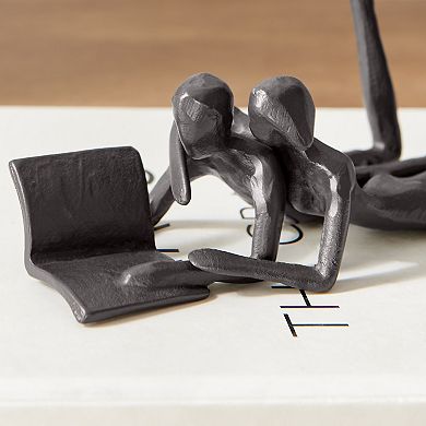 Brown Cast Iron Abstract Couple Reading Book Together Tabletop Figurine Sculpture For Desks Shelves