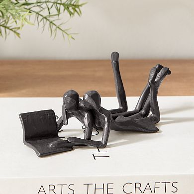 Brown Cast Iron Abstract Couple Reading Book Together Tabletop Figurine Sculpture For Desks Shelves