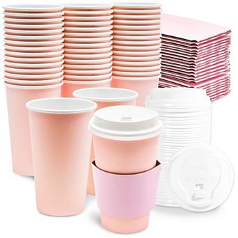 Paper Insulated Coffee Cups With Lids And Sleeves (16 Oz, Blush Pink, 48 Pack)