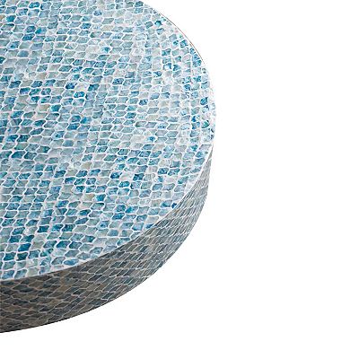 Piki 35 Inch Coffee Table, Round, Mughal Capiz Inlaid Pattern, Blue, Gold