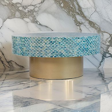 Piki 35 Inch Coffee Table, Round, Mughal Capiz Inlaid Pattern, Blue, Gold