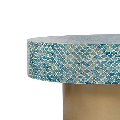 Piki 35 Inch Coffee Table, Round, Mughal Capiz Inlaid Pattern, Blue, Gold