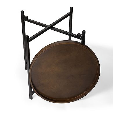 Mid-century Modern Round Side Table With Removable Wood Tray