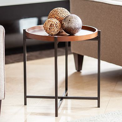 Mid-century Modern Round Side Table With Removable Wood Tray