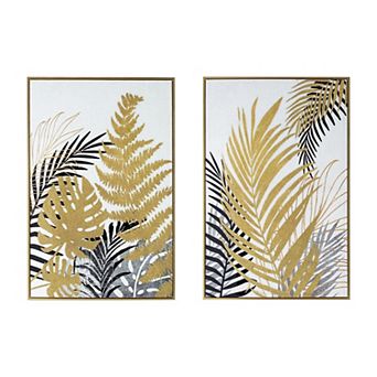 Nir 23 X 35 Set Of 2 Palm Leaf Wall Art, Frame Decor, Black Gold, Gray Wood