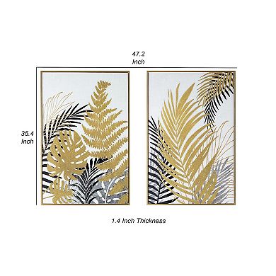 Nir 23 X 35 Set Of 2 Palm Leaf Wall Art, Frame Decor, Black Gold, Gray Wood