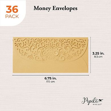 Gold Money Envelopes For Cash Gifts, Laser Cut Holders, 6.8x3.3 In, 36 Pack