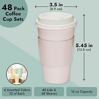Set of 48 Disposable Paper Coffee Cups with Lids & Sleeves 16oz, 4 Pastel Colors
