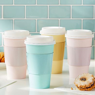 Set of 48 Disposable Paper Coffee Cups with Lids & Sleeves 16oz, 4 Pastel Colors