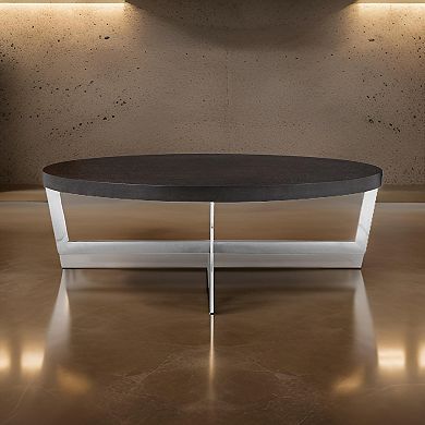 Tini 55 Inch Coffee Table, Oval Top, Chrome Frame, Espresso Brown Finish