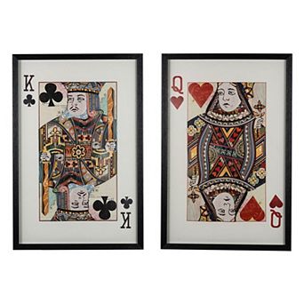 24 X 35 Set Of 2 Framed Wall Art, King Queen Card Pair, Gold, Black, Red