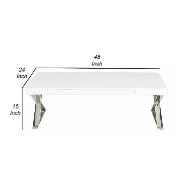 Rix 48 Inch Coffee Table, 1 Drawer, X Shaped Steel Legs, White Wood Top