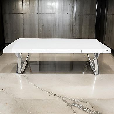 Rix 48 Inch Coffee Table, 1 Drawer, X Shaped Steel Legs, White Wood Top