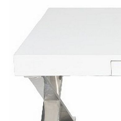 Rix 48 Inch Coffee Table, 1 Drawer, X Shaped Steel Legs, White Wood Top