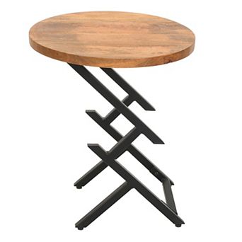 23 Inch Side End Table, Natural Brown Round Wood Top, Modern Black Angled Iron Legs