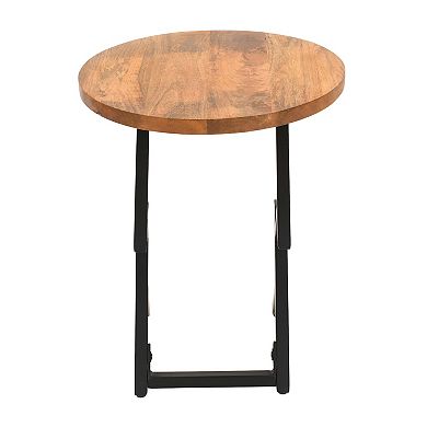 23 Inch Side End Table, Natural Brown Round Wood Top, Modern Black Angled Iron Legs