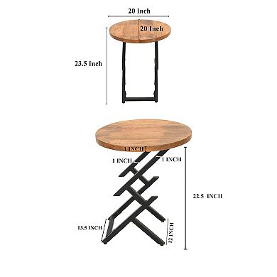 23 Inch Side End Table, Natural Brown Round Wood Top, Modern Black Angled Iron Legs