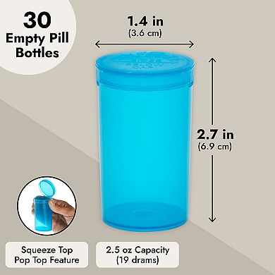 30 Pack Empty Bottles With Pop Top Caps, 19 Dram Medicine Containers (blue)