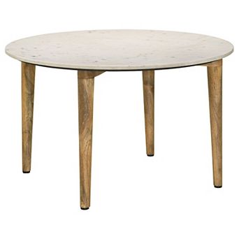 Wolu 30 Inch Coffee Table, White Marble Round Top, Natural Brown Mango Wood