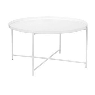 Ely 33 Inch Coffee Table, Round Top With Cross Base, White Metal Finish