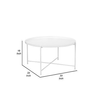 Ely 33 Inch Coffee Table, Round Top With Cross Base, White Metal Finish