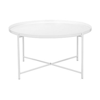 Ely 33 Inch Coffee Table, Round Top With Cross Base, White Metal Finish