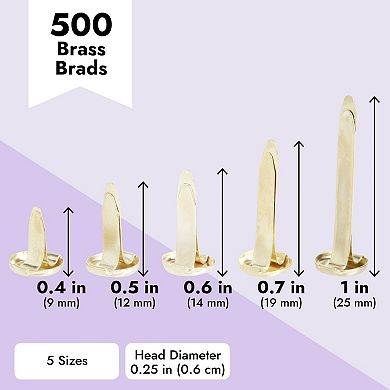 500 Piece Mini Paper Fasteners For Crafts, Brass Paper Fasteners, 5 Sizes