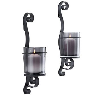 Danya B. Vintage Black Wall Sconce Candle Holder Set (2) With Smoke Glass Hurricanes