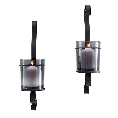 Danya B. Vintage Black Wall Sconce Candle Holder Set (2) With Smoke Glass Hurricanes