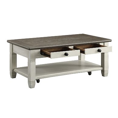 Rome 48 Inch Cocktail Coffee Table, 2 Drawers, White And Brown, Solid Wood